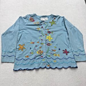 Michael Simon Lite Cardigan Small Embroidered Fish Print Button Up Nautical